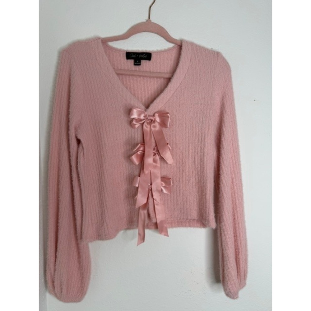 Oak & Trellis Pink Fuzzy Knit Bow Front Cardigan Sweater Balloon Sleeve Medium